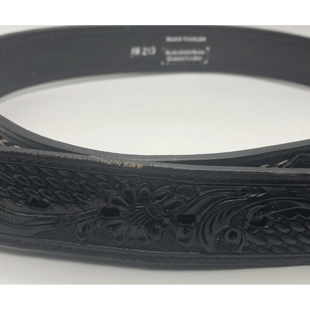Ranger Belt Company Hand Tooled Black Leather Western Belt Men's Size 44 Braided
